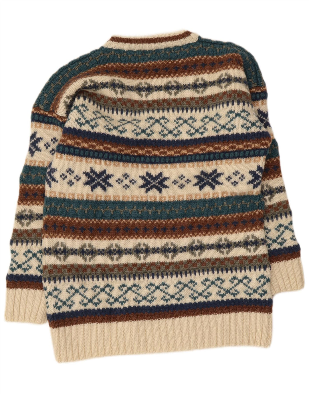 Suéter masculino vintage com gola redonda, médio bege, lã Fair Isle