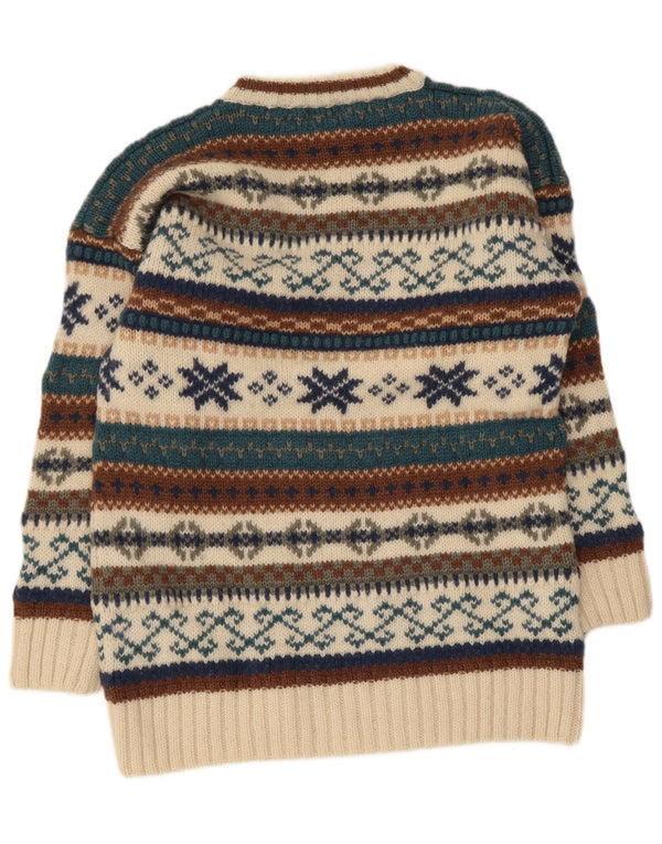 Suéter masculino vintage com gola redonda, médio bege, lã Fair Isle