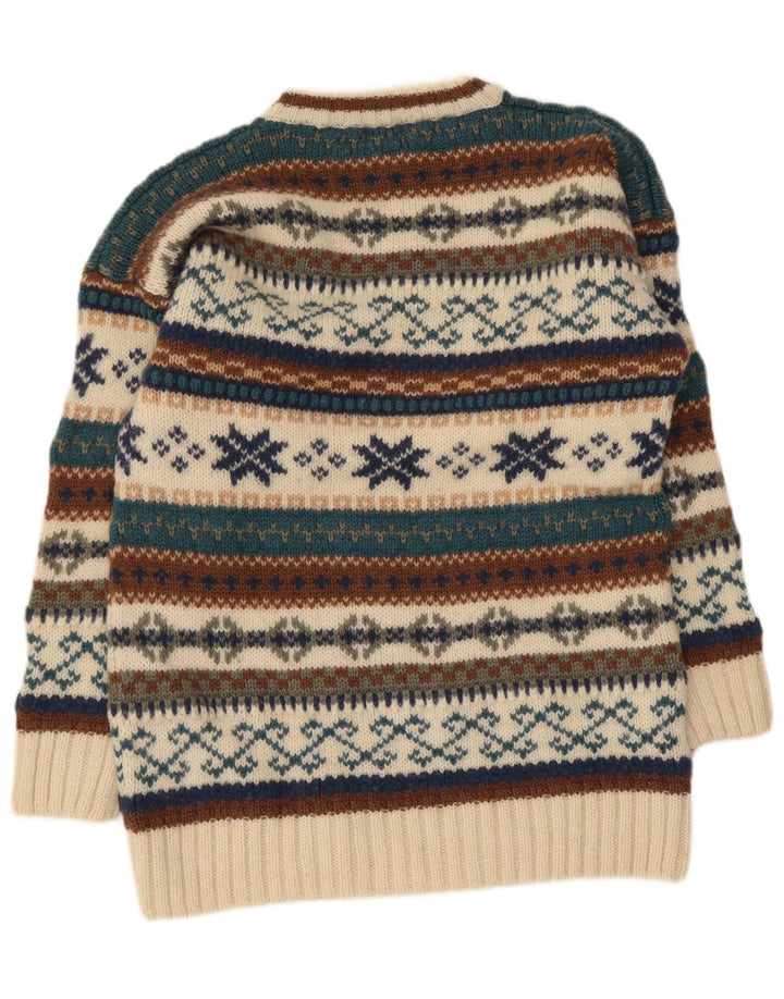 Suéter masculino vintage com gola redonda, médio bege, lã Fair Isle