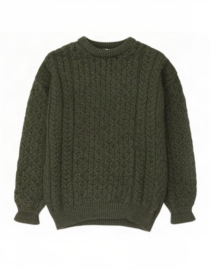 Suéter masculino Aran Crafts com gola redonda, lã merino verde pequena