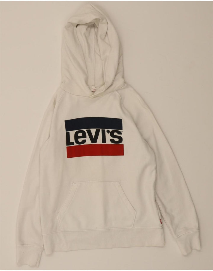 LEVI'S Womens Oversized Graphic Hoodie Jumper UK 2 2XS White Cotton Vintage Levi's and Second-Hand Levi's from Messina Hembry 