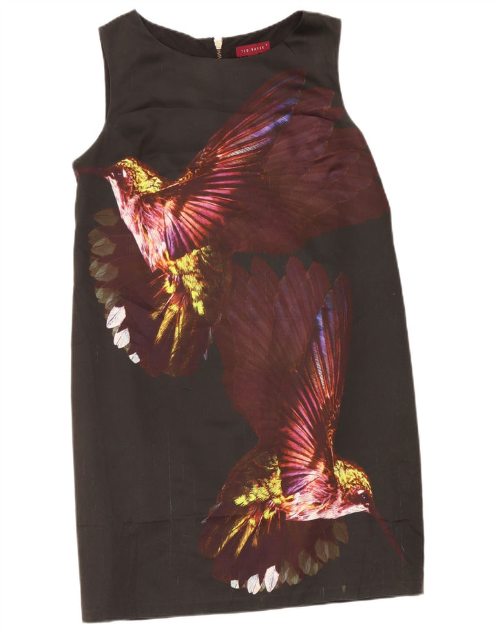Vestido feminino Ted Baker com estampa gráfica tamanho 4 grande pássaro colorido preto