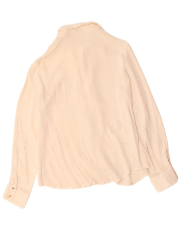 Blusa feminina vintage com babados na frente UK 12 médio branco