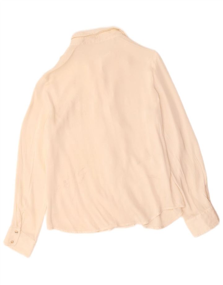 Blusa feminina vintage com babados na frente UK 12 médio branco