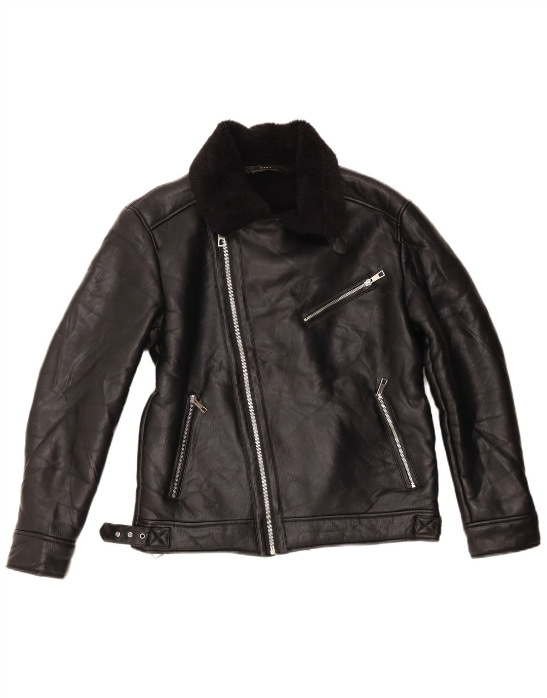 Zara Womens Sherpa Biker Jacket UK 14 Médio Preto Poliéster