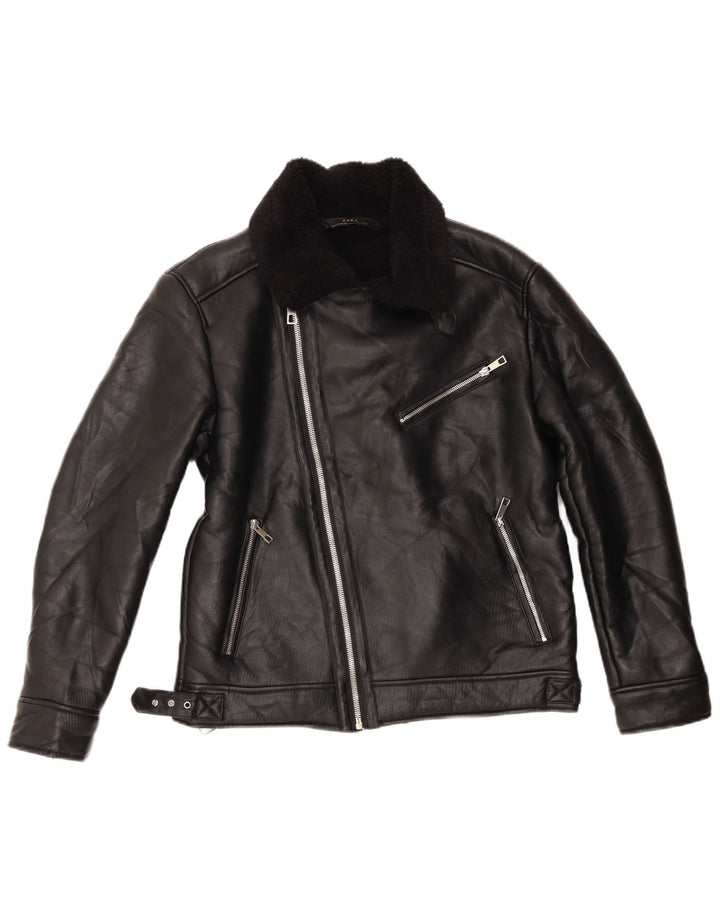 Zara Womens Sherpa Biker Jacket UK 14 Médio Preto Poliéster