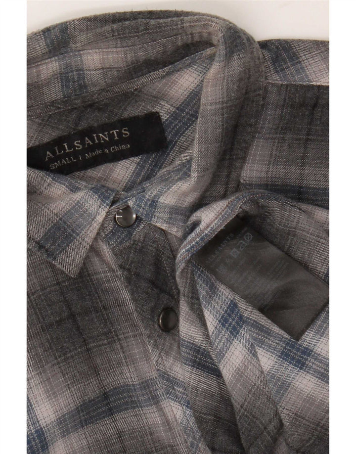 Camisa masculina de flanela All Saints pequena de algodão xadrez cinza