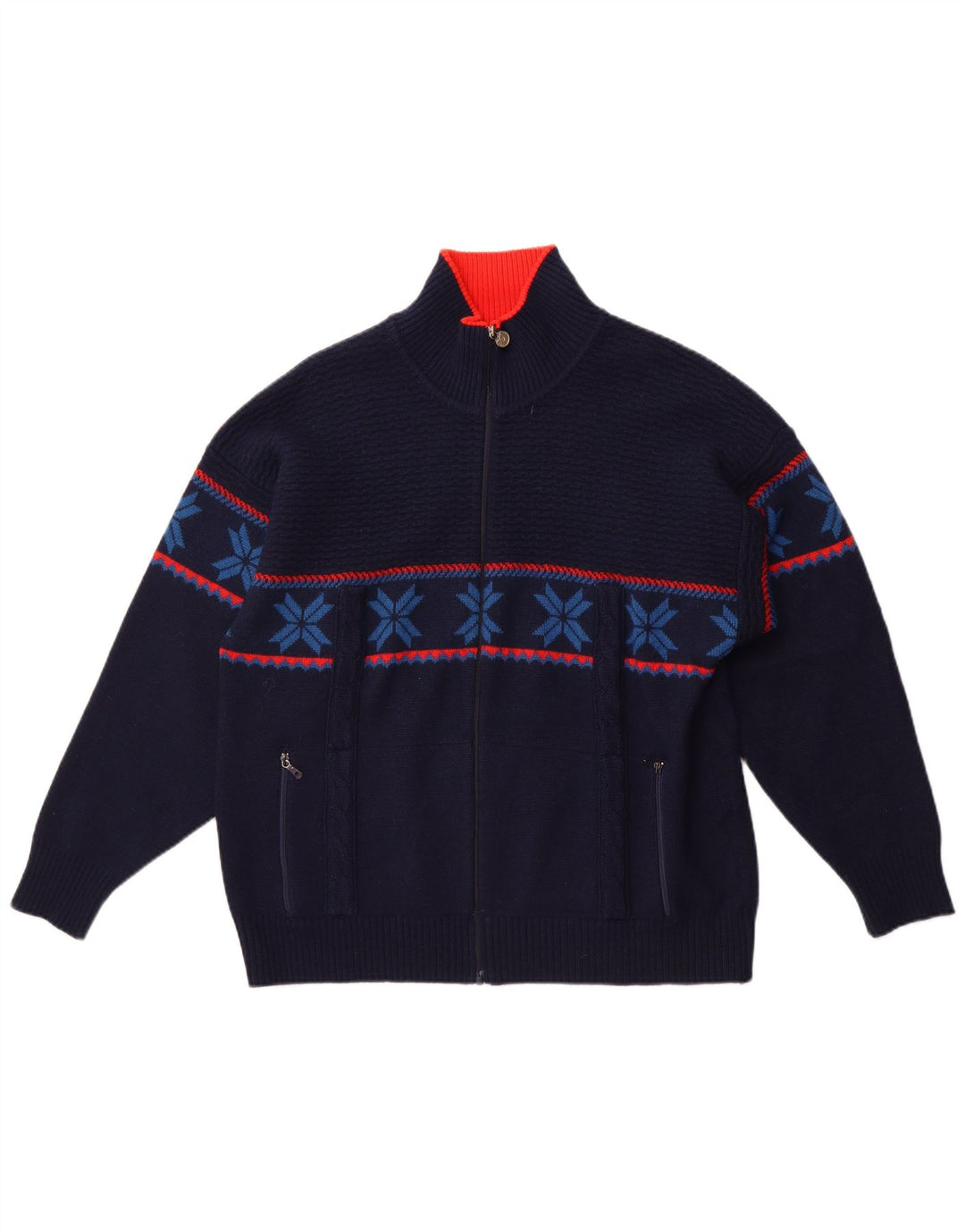 Suéter cardigã masculino vintage grande azul marinho Fair Isle