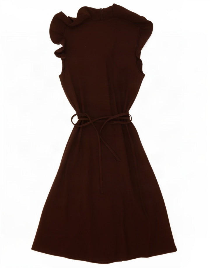 Vestido básico feminino Ralph Lauren sem mangas com babados na frente Reino Unido 12 médio marrom