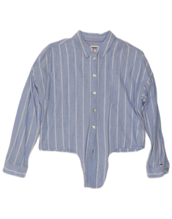 Tommy Hilfiger Camisa Feminina Crop Front Tie UK 14 Linho Listrado Azul Médio