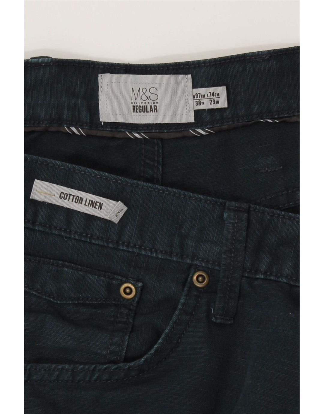 Calça casual masculina Marks & Spencer regular W38 L29 algodão azul marinho