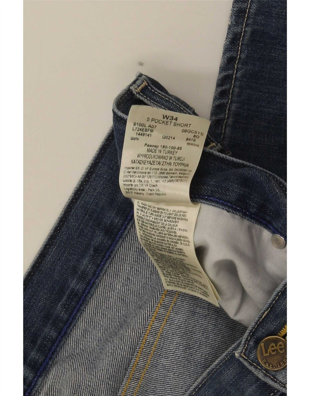 Shorts jeans Lee masculino com 5 bolsos curtos e desgastados W34 grande algodão azul