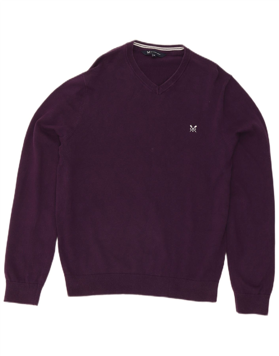 Suéter masculino com decote em V da Crew Clothing algodão roxo médio