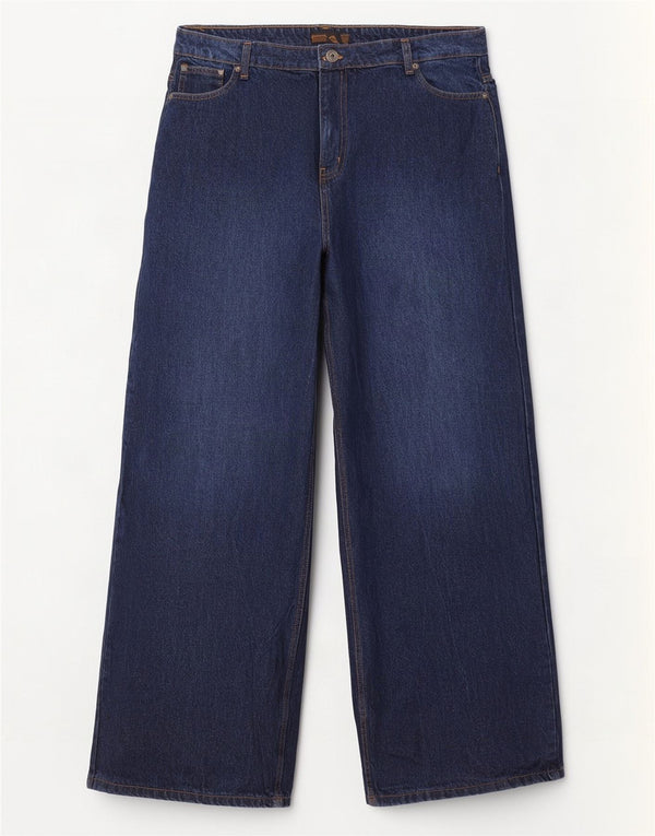 Jeans feminino de cintura alta com perna larga e banco UK 18 XL W36 L31 algodão azul marinho
