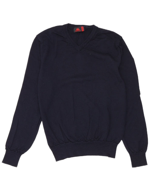 Suéter feminino Kappa com decote em V Reino Unido 12 lã merino azul marinho médio