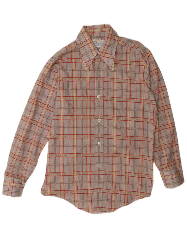 Camisa masculina vintage tamanho 14 1/2 algodão xadrez marrom pequeno