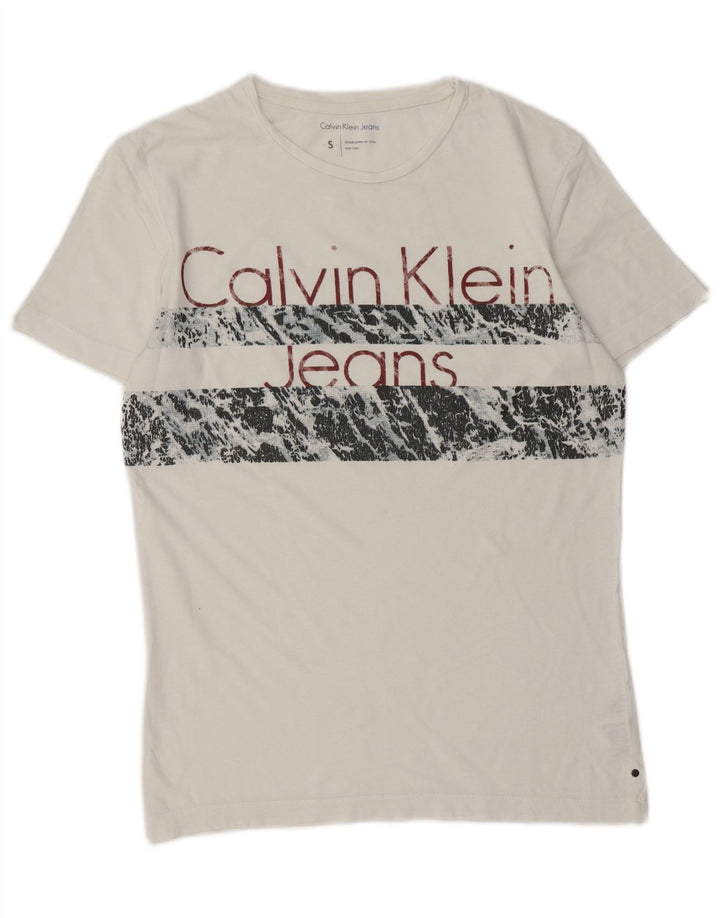 Calvin Klein Jeans Camiseta masculina gráfica top pequeno algodão branco