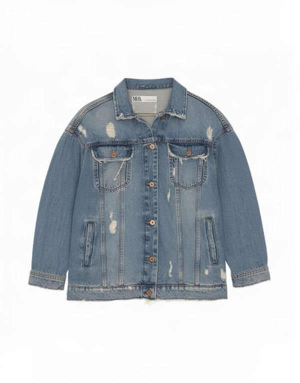 Zara Jaqueta jeans feminina grande desgastada Reino Unido 10 algodão azul pequeno