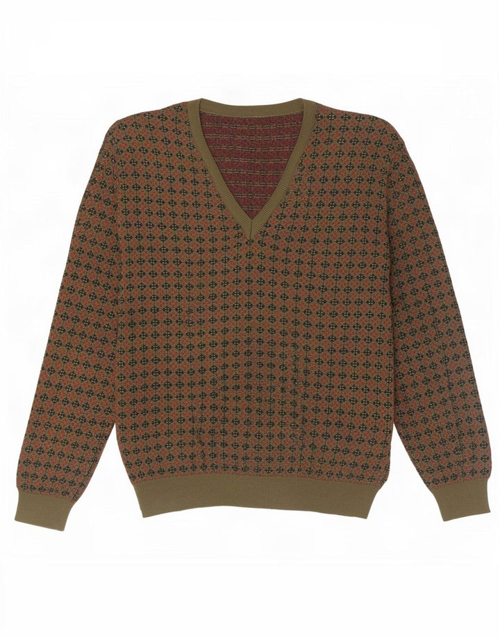 Suéter masculino vintage com decote em V grande lã geométrica cáqui