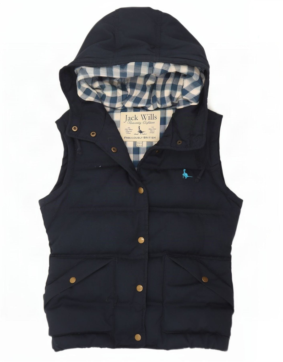 Colete acolchoado com capuz feminino Jack Wills UK 10 pequeno poliéster azul marinho