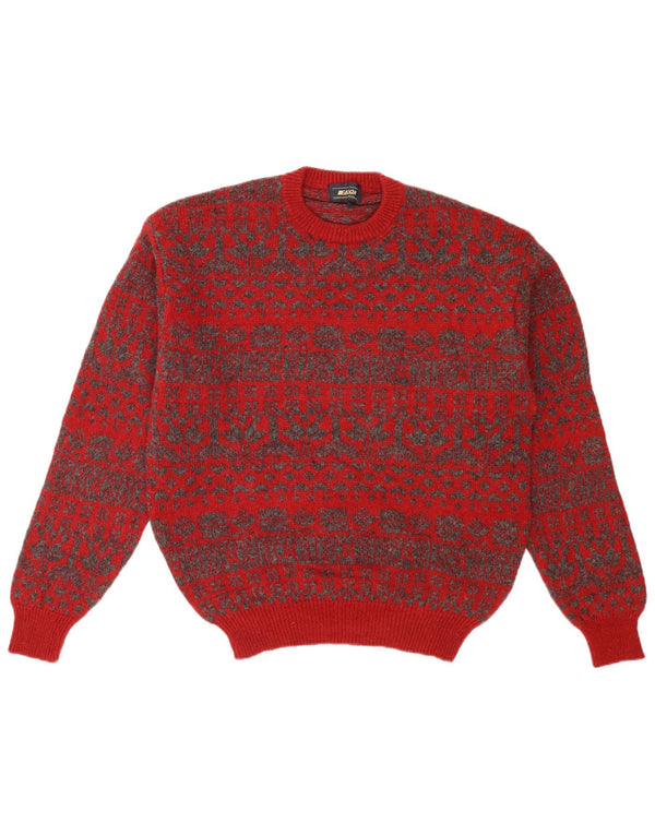 Vintage Mens Crew Neck Jumper Sweater Medium Red Fair Isle Retro