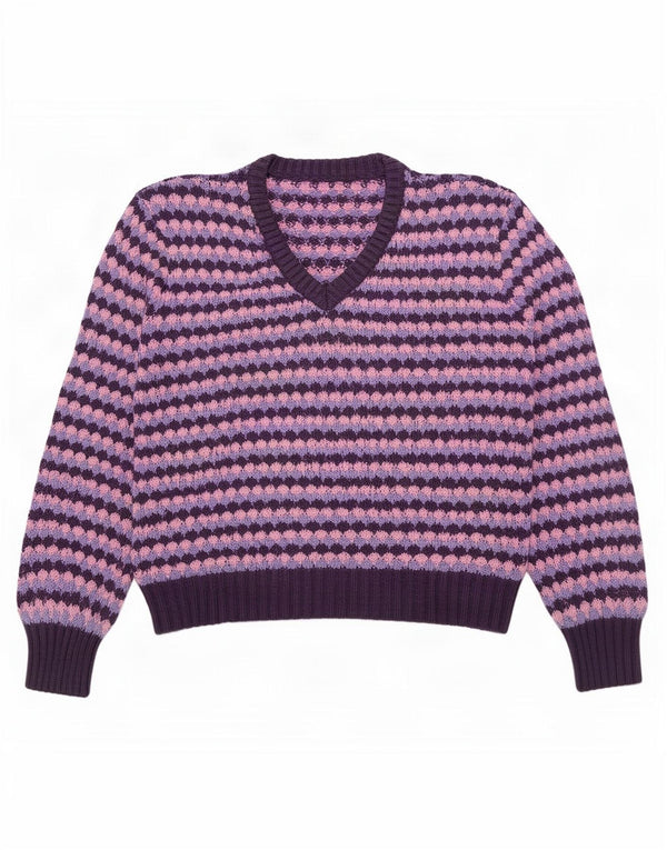 Vintage Womens V-Neck Jumper Sweater UK 16 Large Purple Geometric