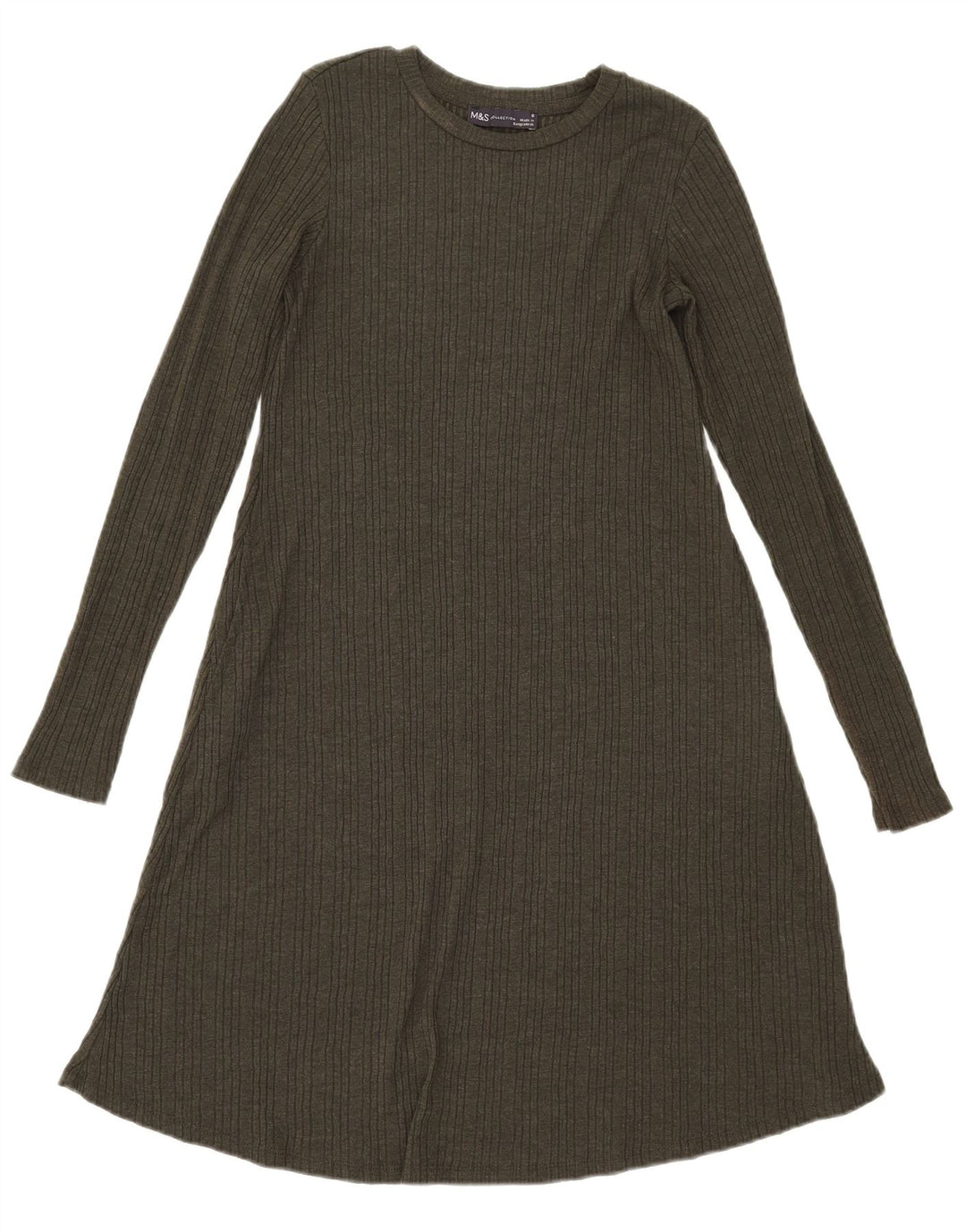 Vestido feminino Marks & Spencer manga comprida evasê Reino Unido 8 pequeno poliéster cáqui