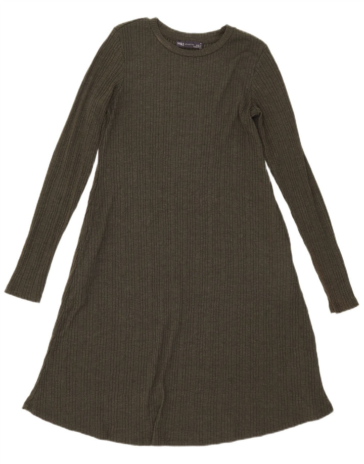 Vestido feminino Marks & Spencer manga comprida evasê Reino Unido 8 pequeno poliéster cáqui