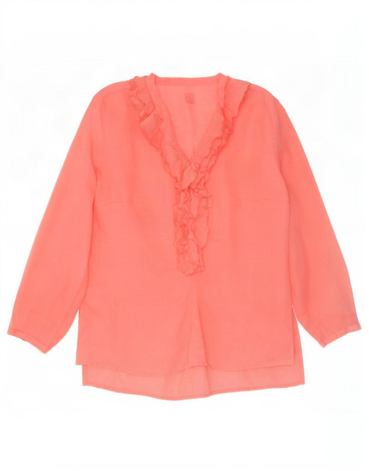 Blusa feminina 120% Lino manga comprida com babado frontal IT 46 linho rosa grande