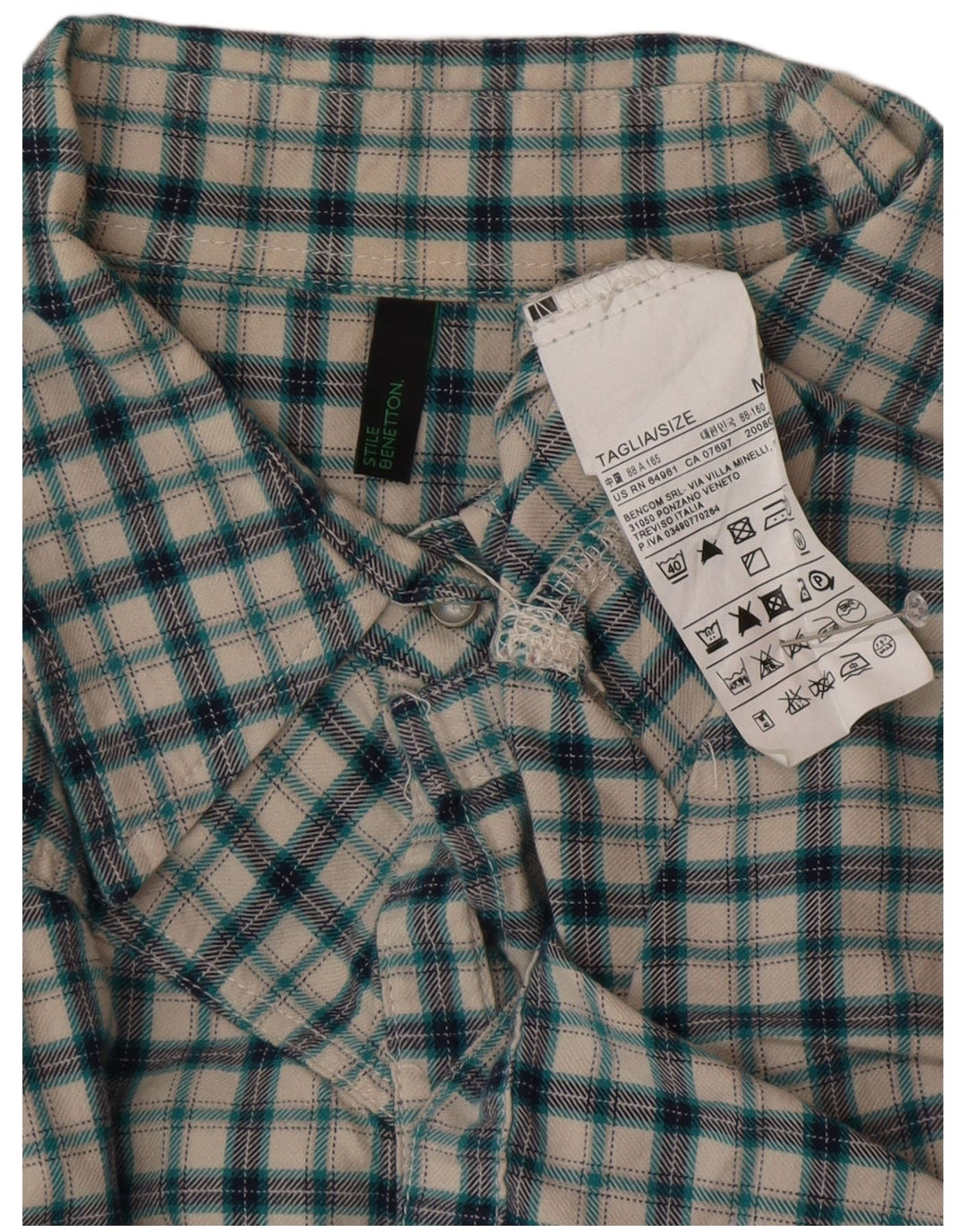 Camisa feminina de flanela BENETTON Reino Unido 14 algodão xadrez verde médio
