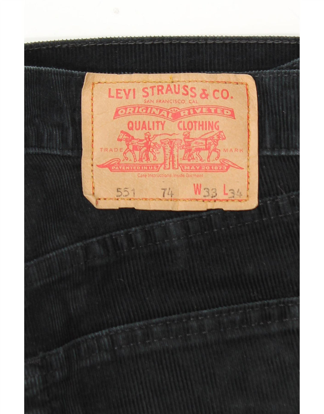 Calça masculina LEVI'S 551 reta de veludo W33 L30 algodão preto