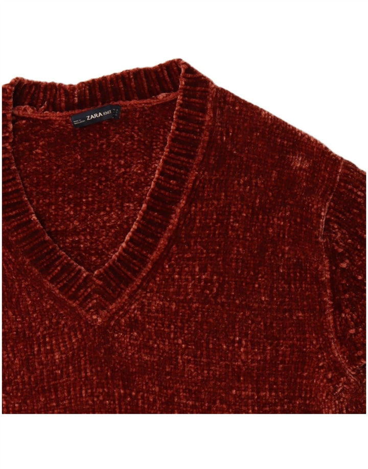 Suéter feminino Zara com decote em V grande, Reino Unido 10, pequeno, marrom, poliéster