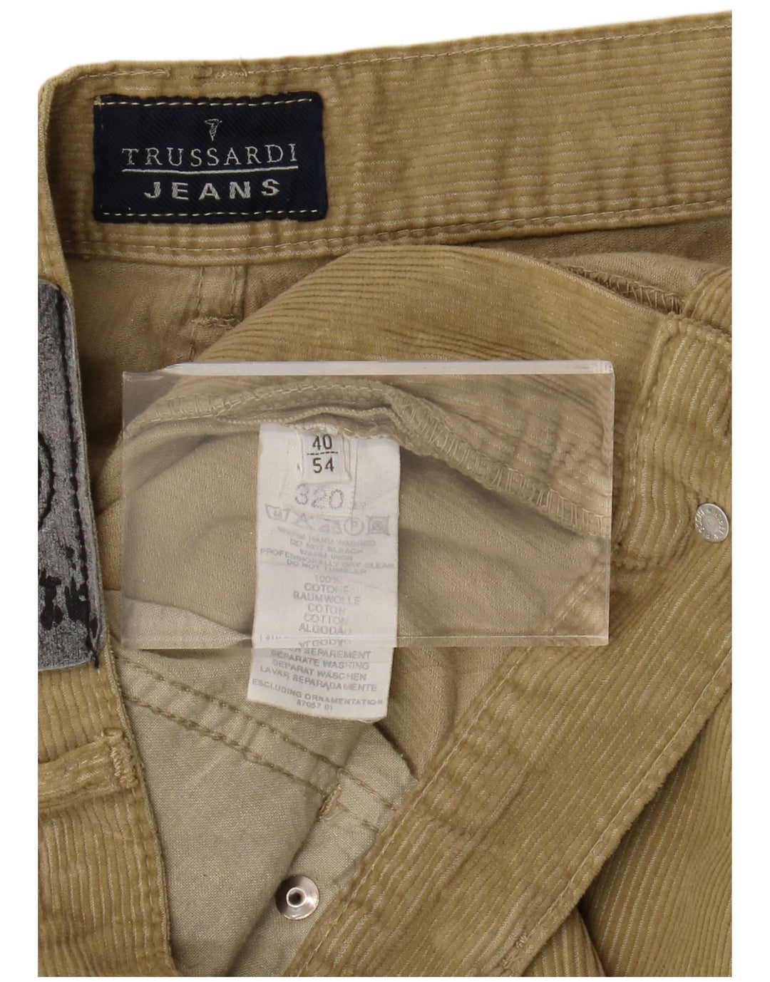 Calça masculina reta de veludo TRUSSARDI IT 54 2XL W40 L32 algodão cáqui