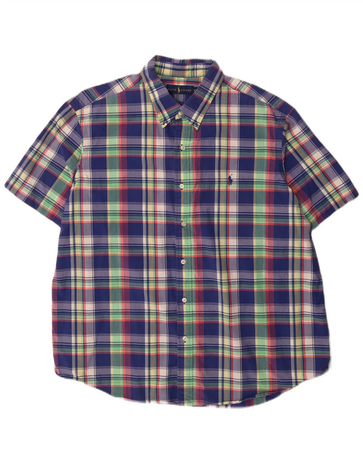 Ralph Lauren Camisa masculina de manga curta 2XL algodão xadrez azul