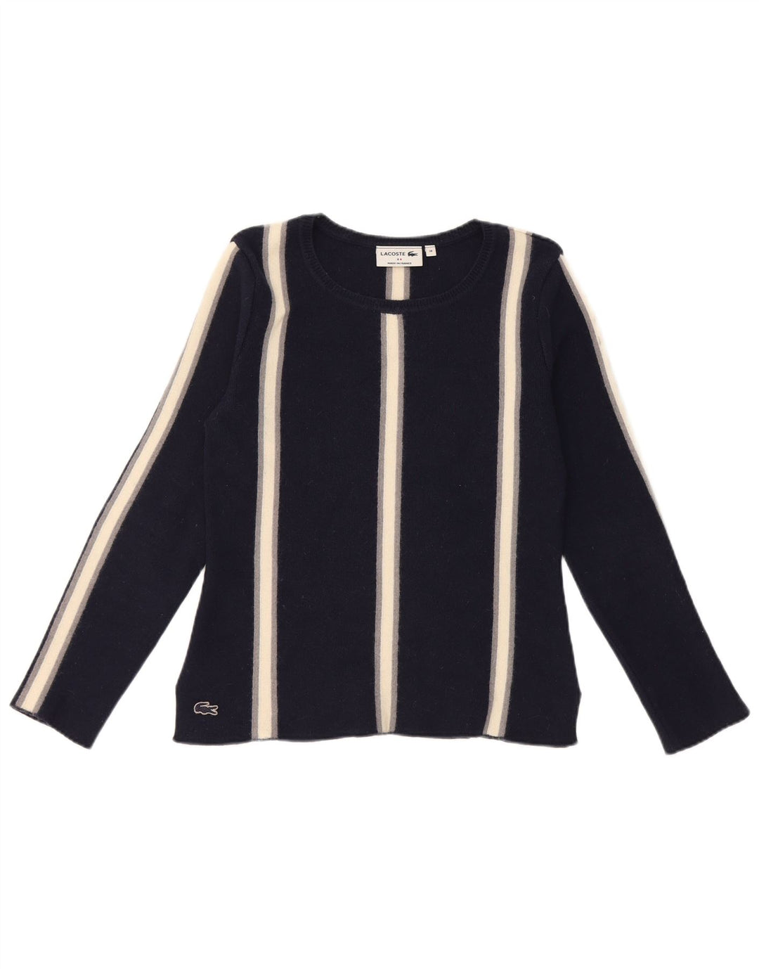 Suéter feminino Lacoste com gola canoa tamanho 38 listrado azul marinho médio