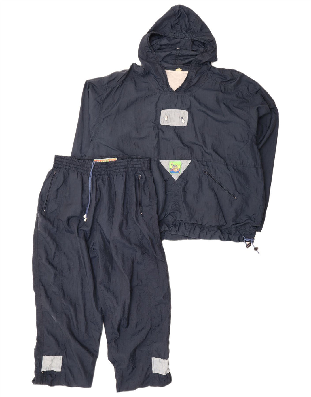 Fato de treino masculino vintage solto com capuz completo azul marinho médio