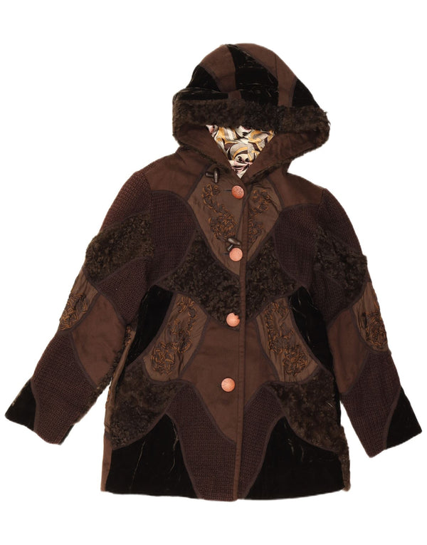 Sobretudo feminino Escalier com capuz UK 14 patchwork marrom médio