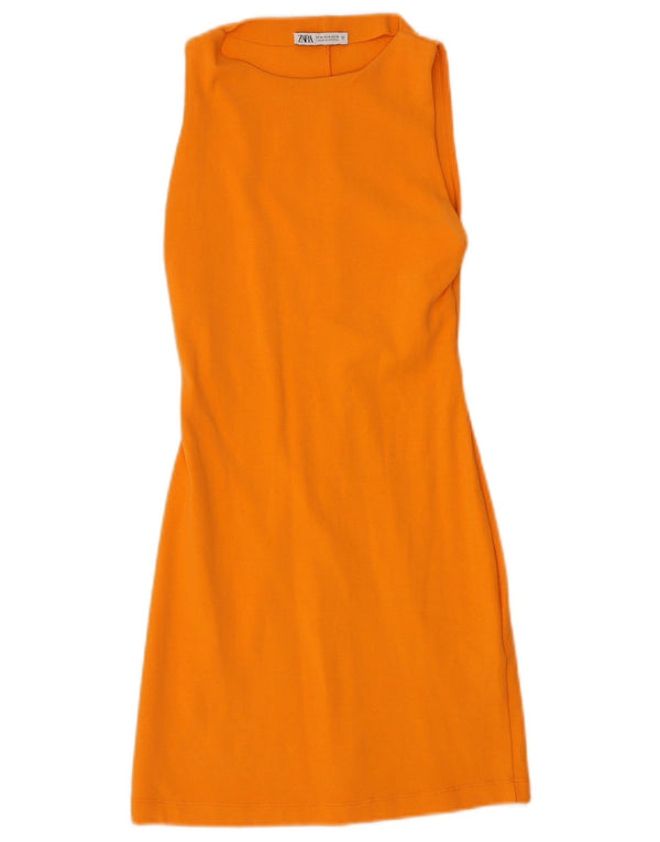 Vestido feminino Zara sem mangas evasê UK 12 algodão laranja médio