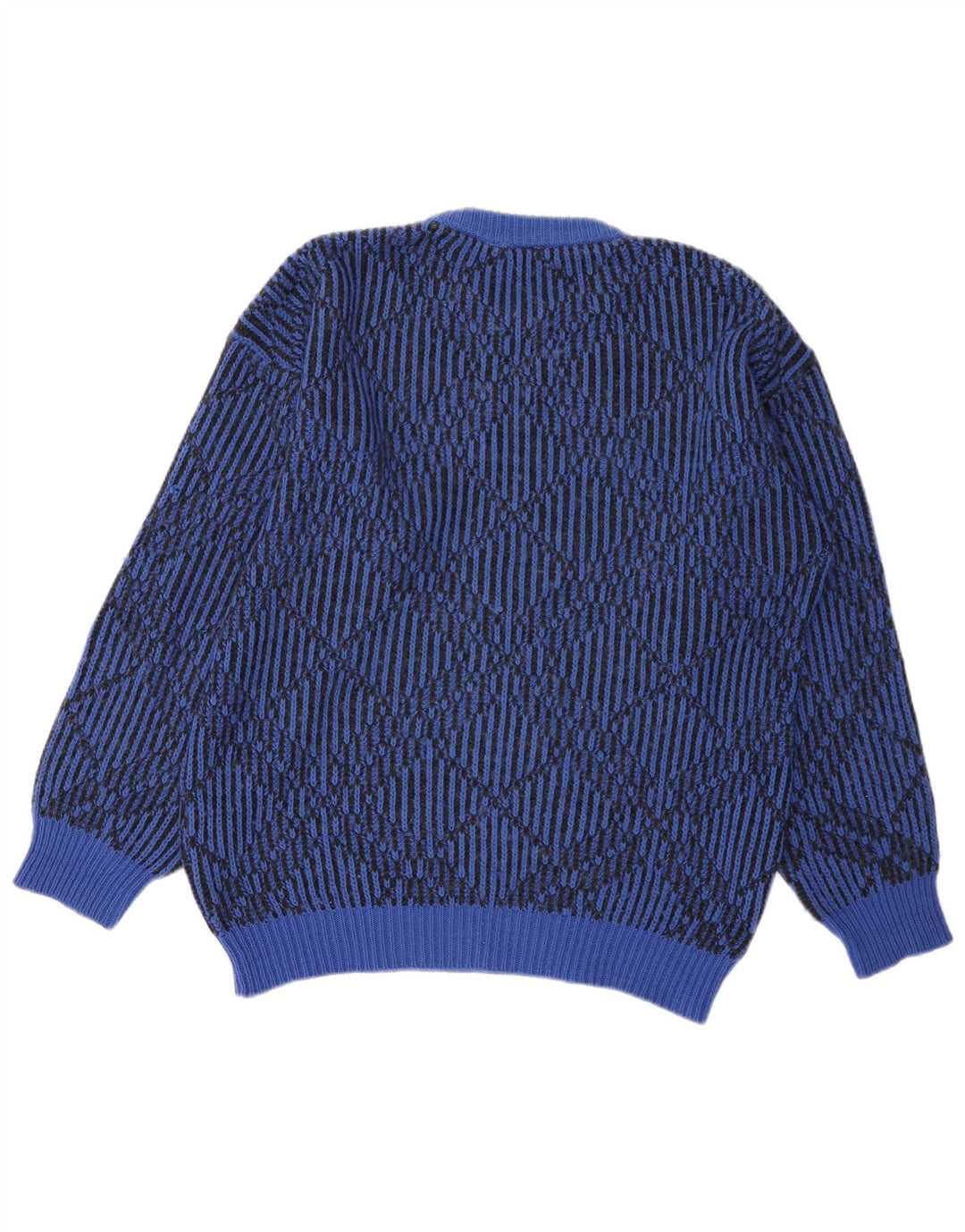 Suéter vintage masculino com gola redonda grande azul geométrico