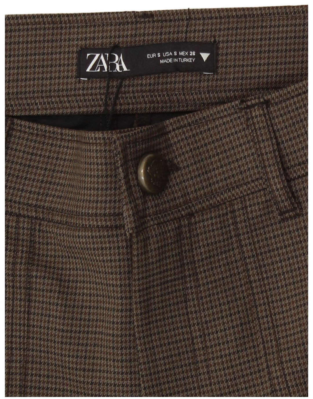 Zara Shorts feminino cintura alta casual pequeno W26 marrom houndstooth poliéster