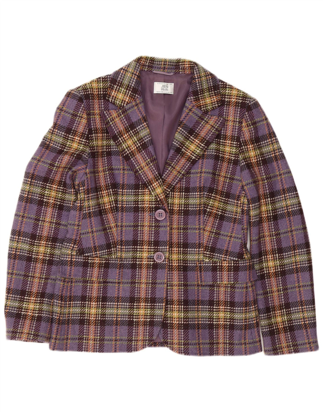 Jaqueta blazer feminina Alba Moda com 2 botões Reino Unido 12 lã de cordeiro xadrez roxa média