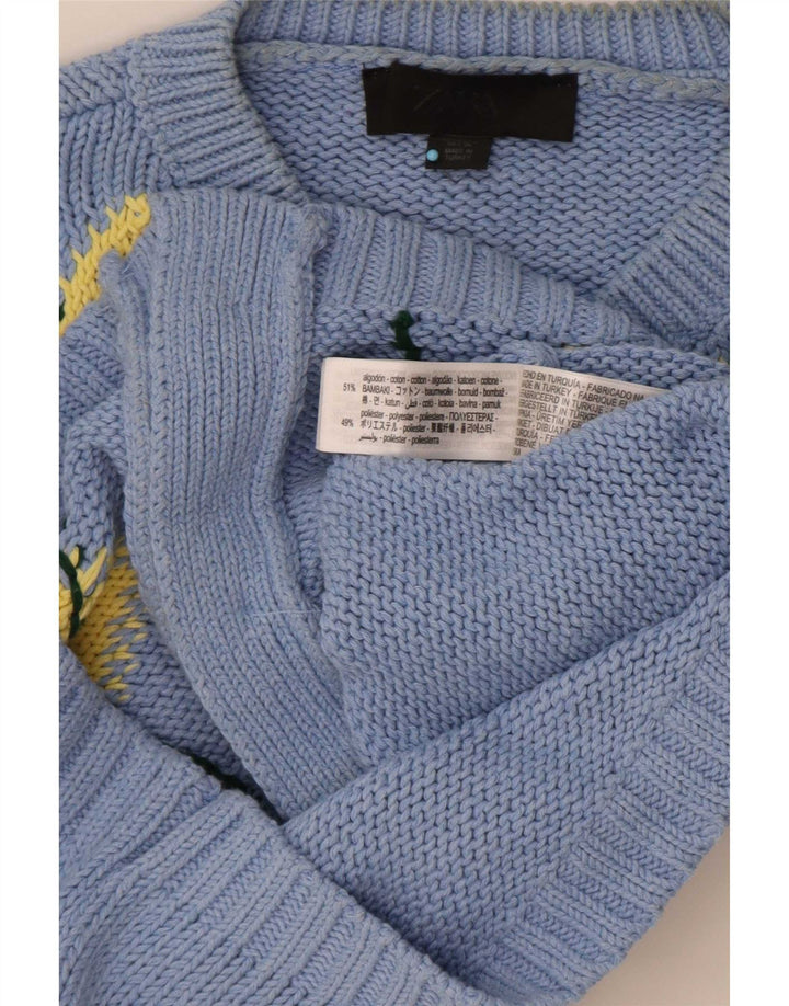Suéter cardigã feminino Zara UK 10 pequeno azul argyle/diamante