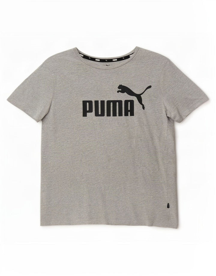 Camiseta feminina Puma Graphic UK 14 algodão manchado cinza médio