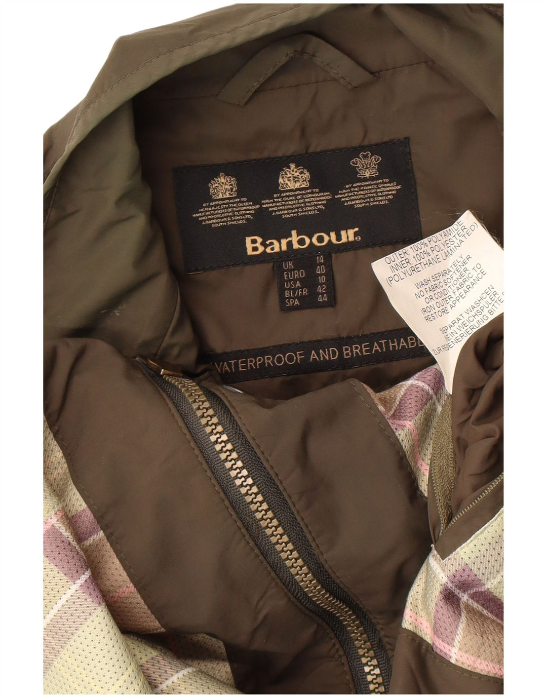 Jaqueta utilitária feminina Barbour UK 14 grande poliamida cáqui