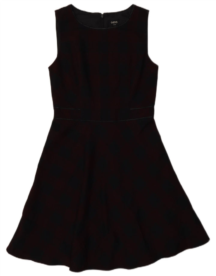 Vestido feminino Oasis sem mangas evasê UK 8 pequeno poliéster guingão cor de vinho