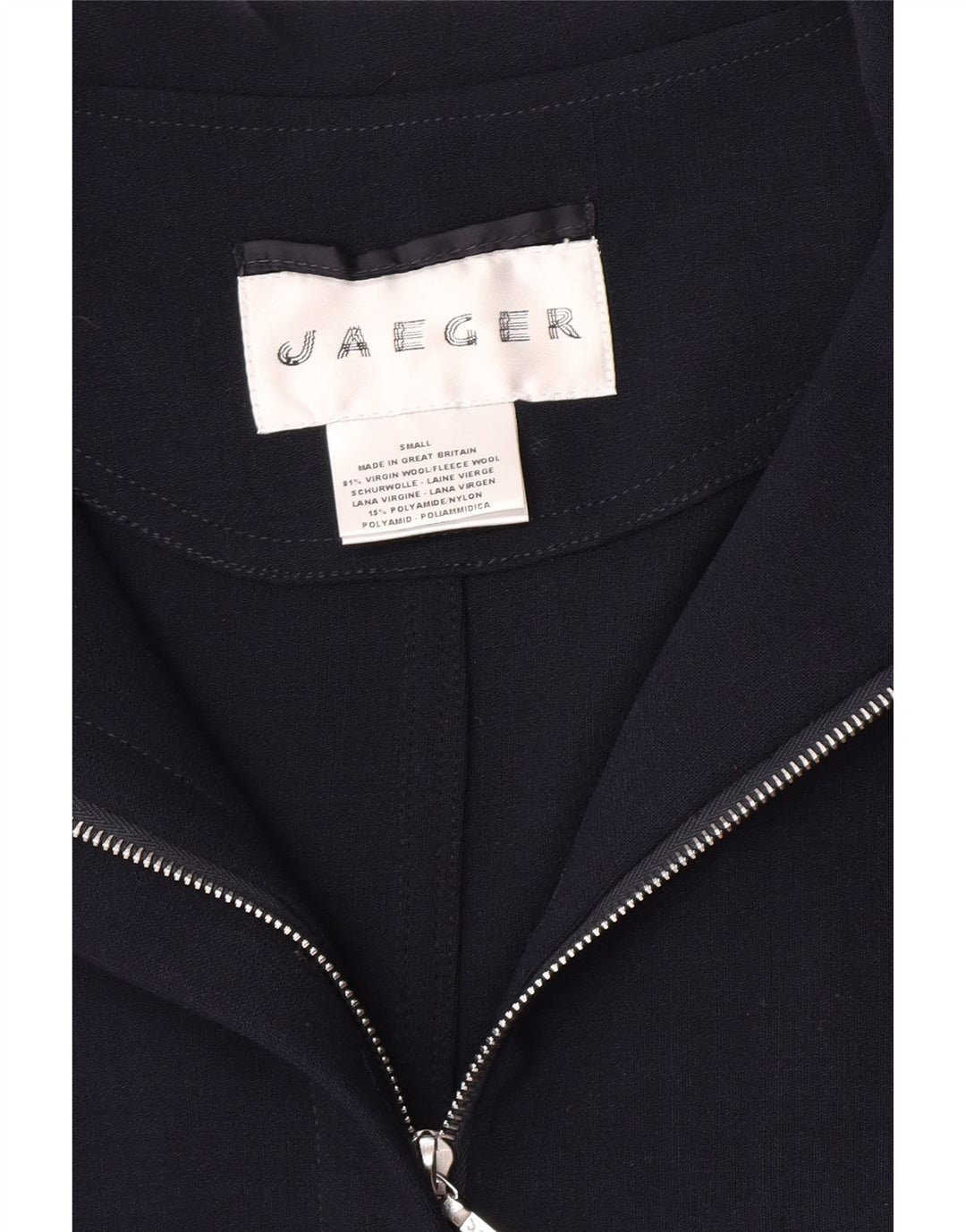 Sobretudo feminino Jaeger com capuz grande tamanho Reino Unido 10 lã virgem azul marinho pequeno