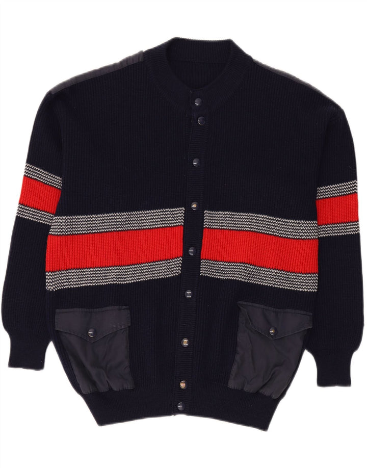 VINTAGE Mens Cardigan Sweater Large Navy Blue Colourblock