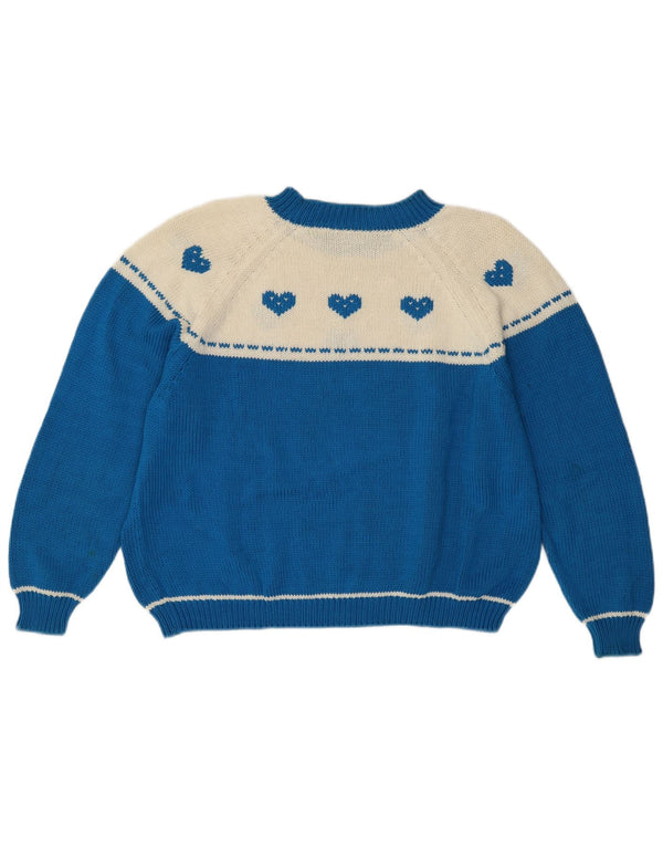 Suéter feminino vintage com gola redonda Reino Unido 14 grande bloco colorido azul coração