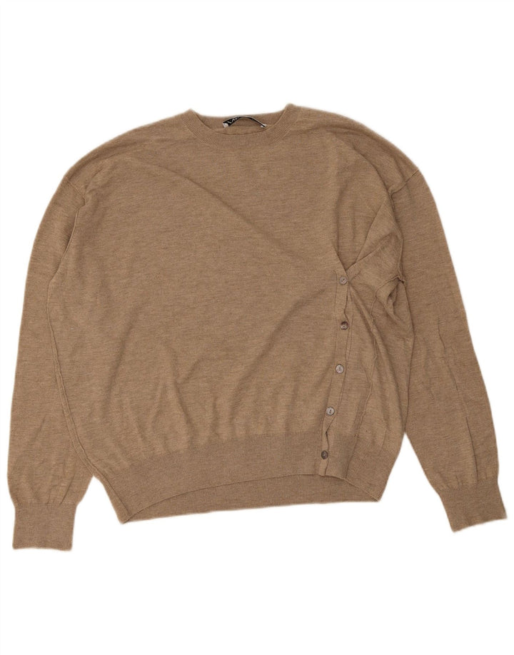 Suéter feminino Zara com gola redonda, Reino Unido 14, médio, bege, poliéster