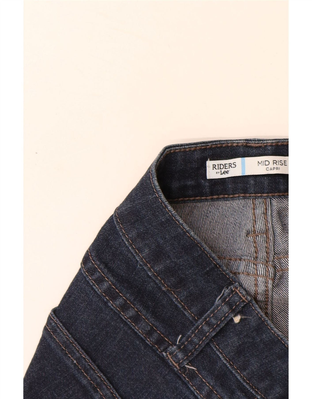 Calça jeans feminina LEE Riders cintura média capri EUA 14 grande W34 L19 azul marinho